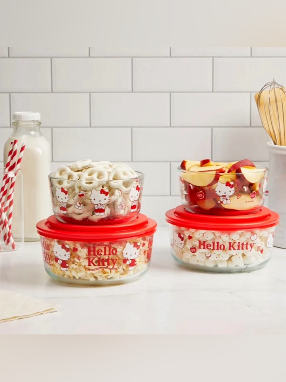 Hello Kitty Pyrex Glass Set Food Storage Red Lids Costco Apple Heart Containers - Picture 2 of 15